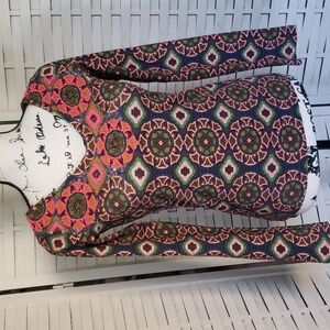 Pia Pauro long sleeve printed beads embroidery collar stretch fitted top size S